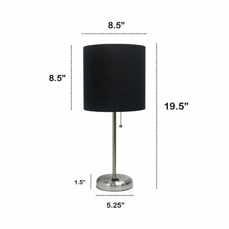 Creekwood Home Oslo 19.5in Contemporary Power Outlet Base Metal Table Lamp, Brushed Steel, Black Drum Fabric Shade CWT-2009-BK